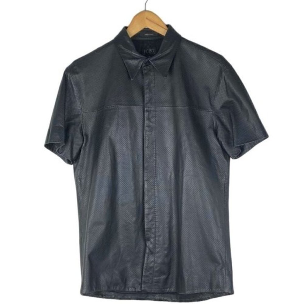 BCBG MAXAZRIA Vintage Black Leather Perforated Button Up Shirt US M